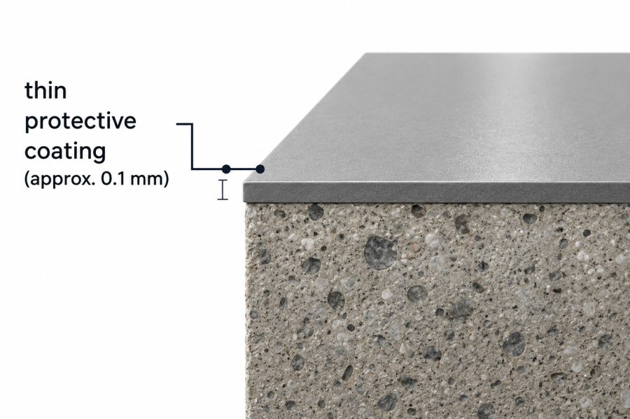 Cross-section showing a thin concrete sealer coating, approx. 0.1 mm, over a concrete slab
