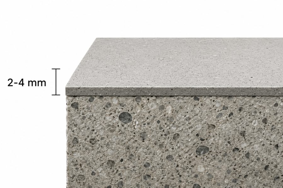 Cross-section showing a 2-4 mm spraycrete resurfacing layer over a concrete slab